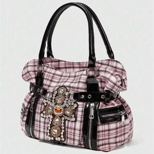 Elegant Pink Plaid Shoulder Bag with Embellished Cross